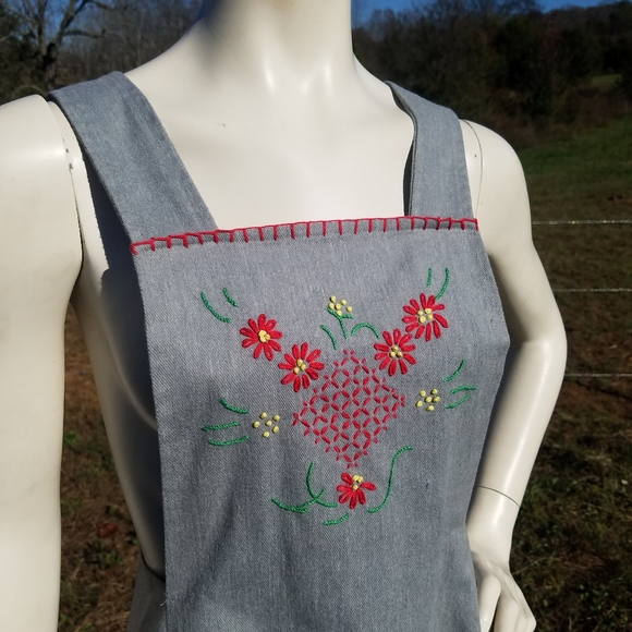 VTG Overall Dress Gray Floral Embroidered S M - Picture 3 of 12